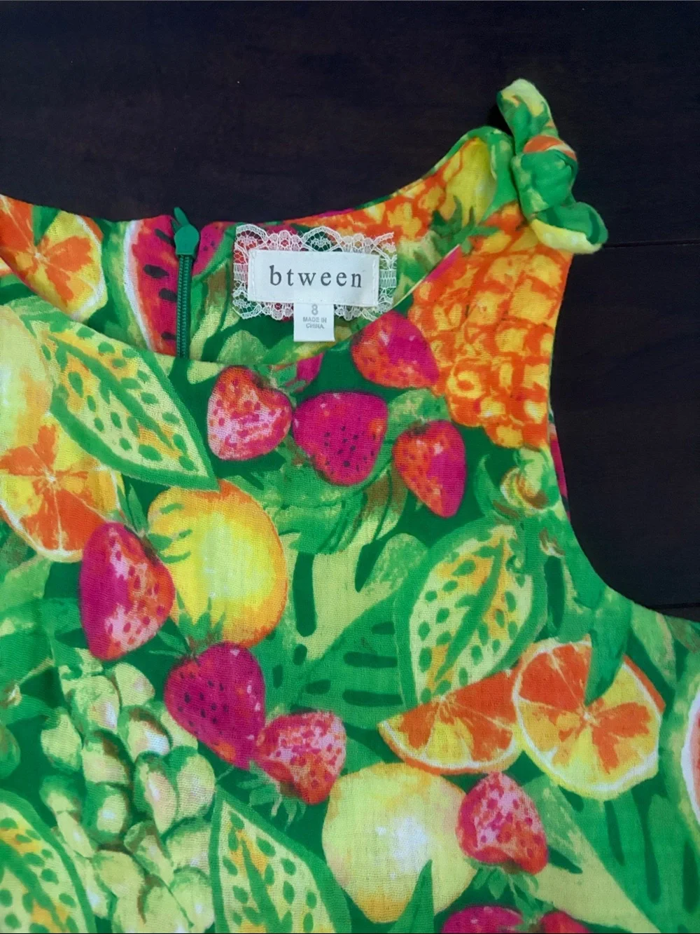 btween Bright Green Tropical Fruit Print Cotton Dress with Pink & Yellow Accents